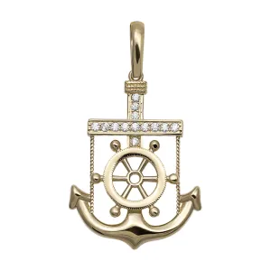 1 1/2" CZ Anchor Wheel Pendant 10K Yellow Gold