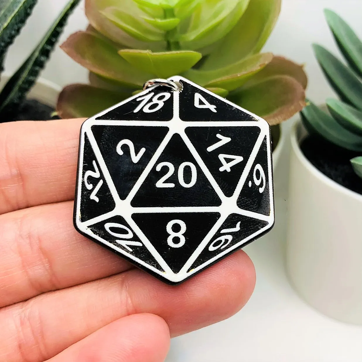 1, 4 or 20 Pieces: Black and White 20 Sided Dice Pendant, D20, Gamer, Acrylic Charm - Double Sided