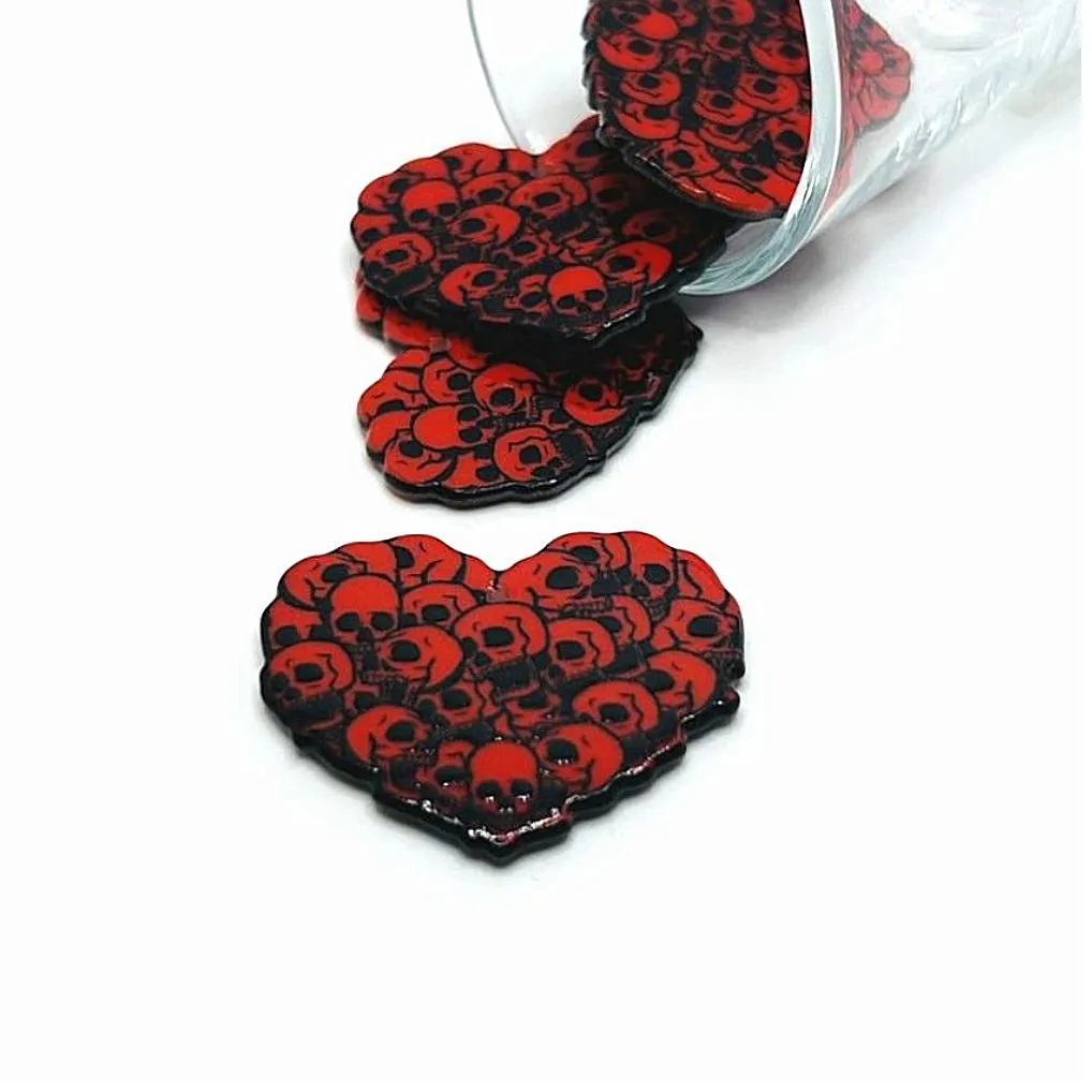 1, 4 or 20 Pieces: Red Punk Rocker Valentine's Day Heart Charm with Skulls Charm: Double Sided