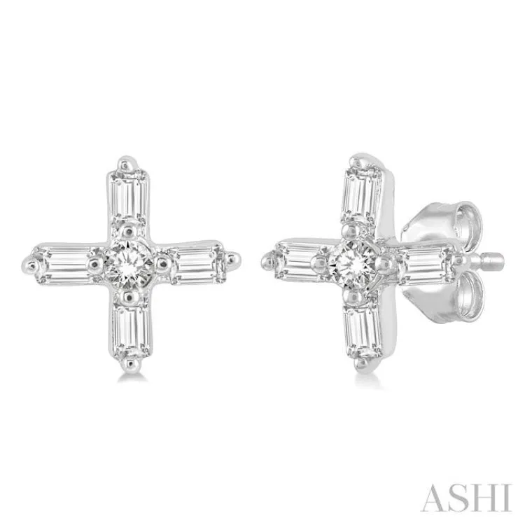 1/10 Ctw Greek Cross Baguette and Round Cut Diamond Petite Earring in 10K White Gold