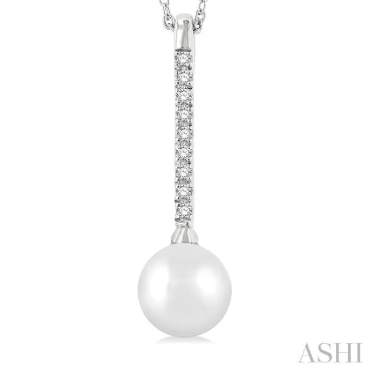 1/10 ctw Petite 7X7MM Cultured Pearl and Round Cut Diamond Fashion Pendant With Chain in 10K White Gold