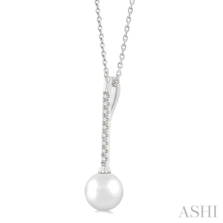 1/10 ctw Petite 7X7MM Cultured Pearl and Round Cut Diamond Fashion Pendant With Chain in 10K White Gold