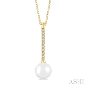 1/10 ctw Petite 7X7MM Cultured Pearl and Round Cut Diamond Fashion Pendant With Chain in 10K Yellow Gold