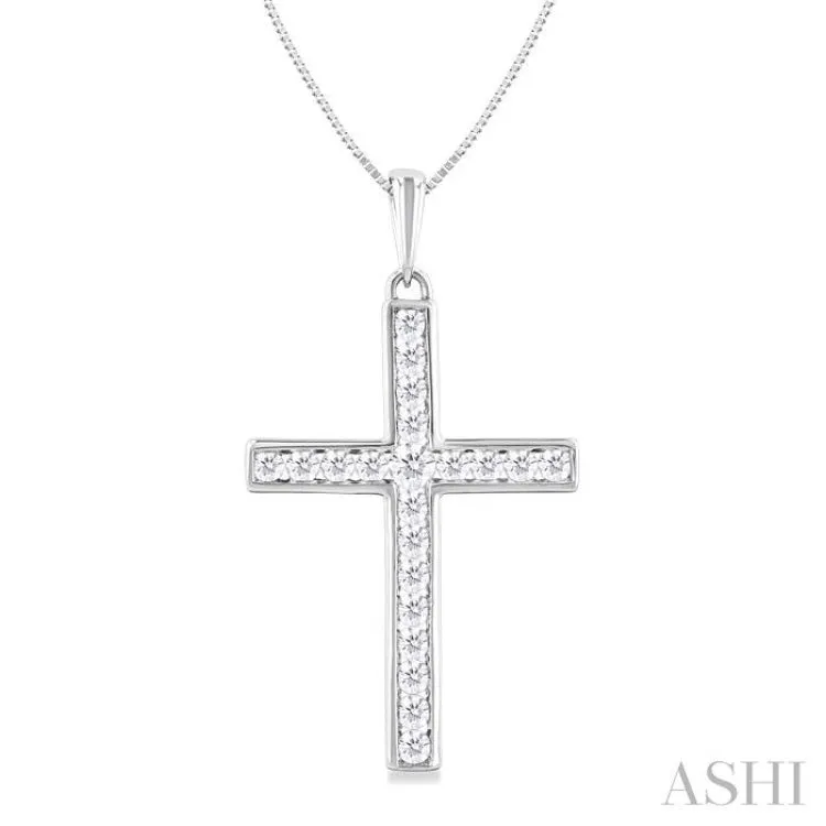 1/2 ctw Round Cut Diamond Channel Set 1-Inch Plate Cross Pendant With Chain in 14K White Gold