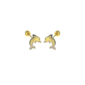 14E00408. - 14 Karat 2 Toned Dolphin Screw Back Earrings