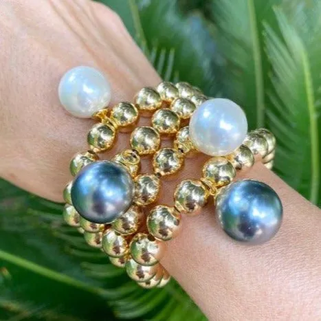 14k Gold Filled 10mm Bead Ball Stretch Bracelet with Large Pearl by Menagerie