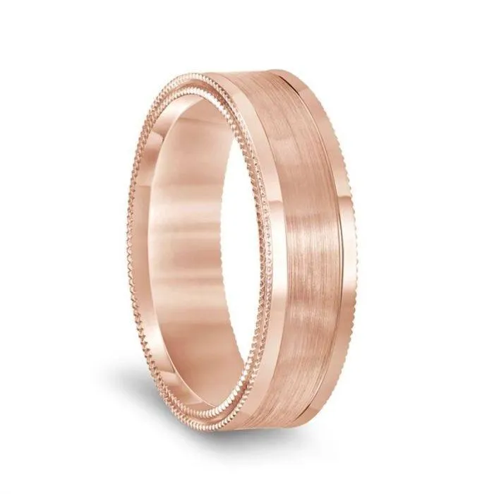 14k Rose Gold Double Milgrain Polished Edges Men’s Wedding Band with Brushed Center - 6.5mm