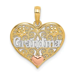 14k Two Tone Gold, White Rhodium Polished Finish GRANDMA In Filigree Heart Shape Design Charm Pendant