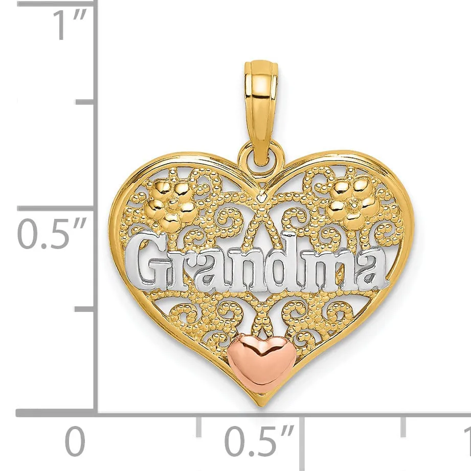 14k Two Tone Gold, White Rhodium Polished Finish GRANDMA In Filigree Heart Shape Design Charm Pendant