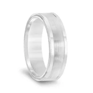 14k White Gold Double Milgrain Polished Edges Men’s Wedding Band with Brushed Center - 6.5mm