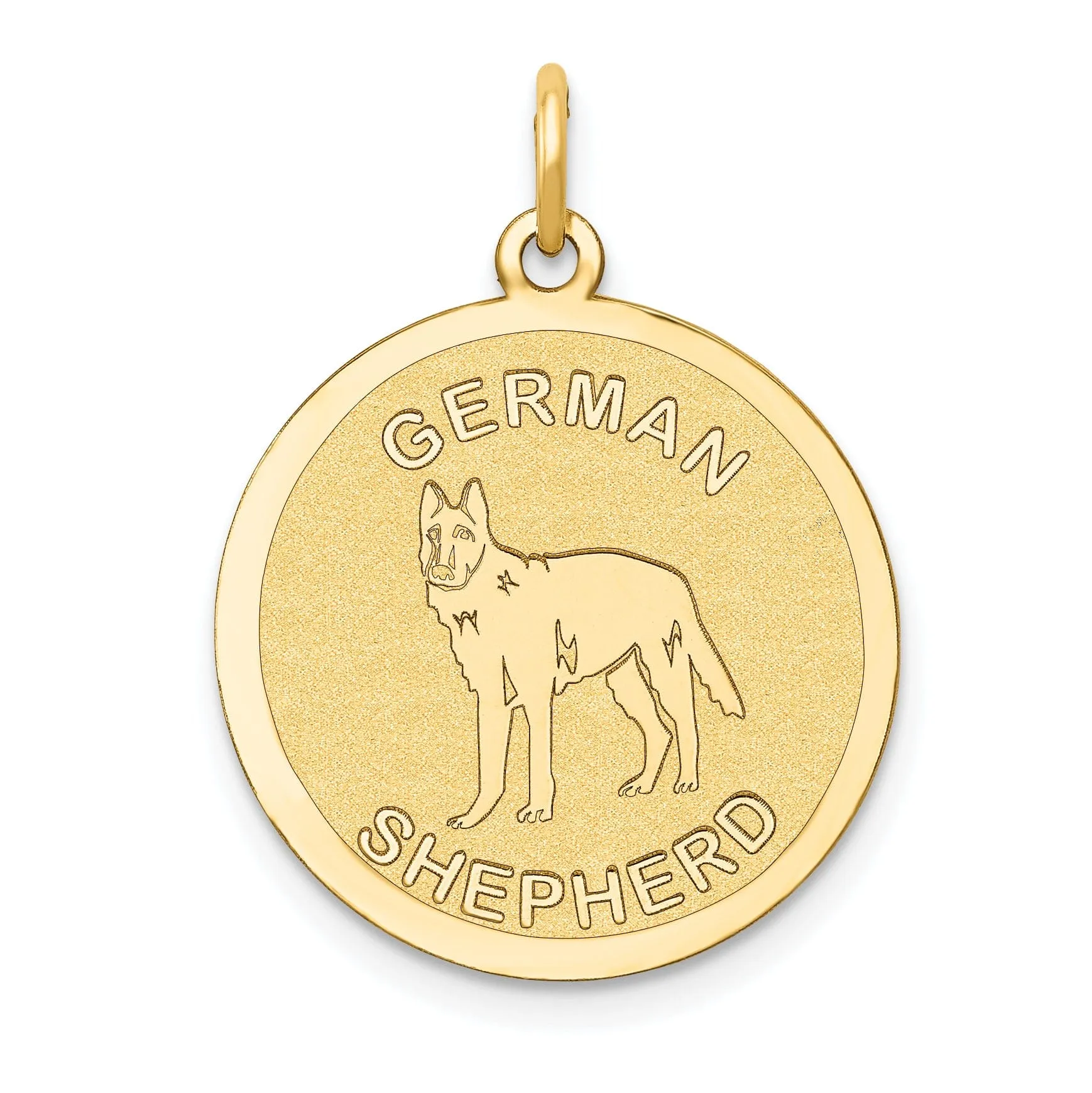 14k Yellow Gold Polished Finish Flat Back German Shepherd Dog Engravable Disc Round Shape Charm Pendant