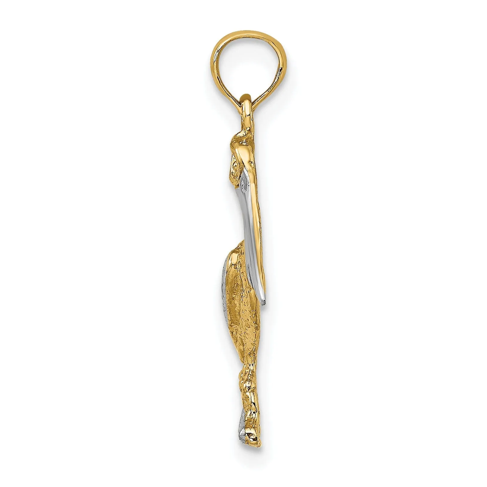 14K Yellow Gold White Rhodium Textured Polished Finish Pelican Standing on Piling Charm Pendant