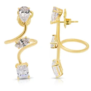 14K Yellow Gold White Topaz Twisted Triple Gemstones Earrings