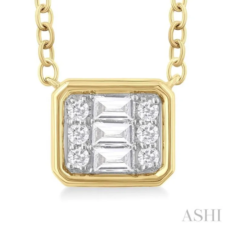 1/6 Ctw Petite Bezel Set East-West Emerald Shape Fusion Baguette and Round Cut Diamond Fashion Pendant With Chain in 10K Yellow Gold