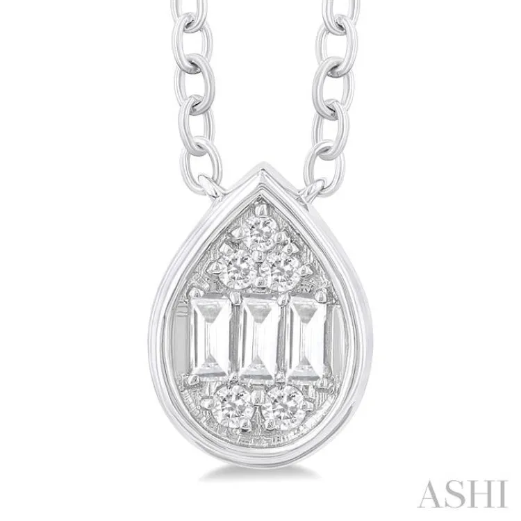 1/6 Ctw Petite Bezel Set Pear Shape Fusion Baguette and Round Cut Diamond Fashion Pendant With Chain in 10K White Gold