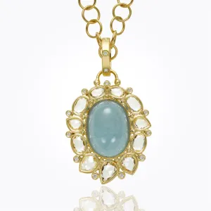 18K Artemis Pendant with cabochon aquamarine, faceted white sapphire, and diamond