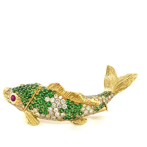 18K Gold Fish Brooch with Diamonds Green Garnets and Rubies