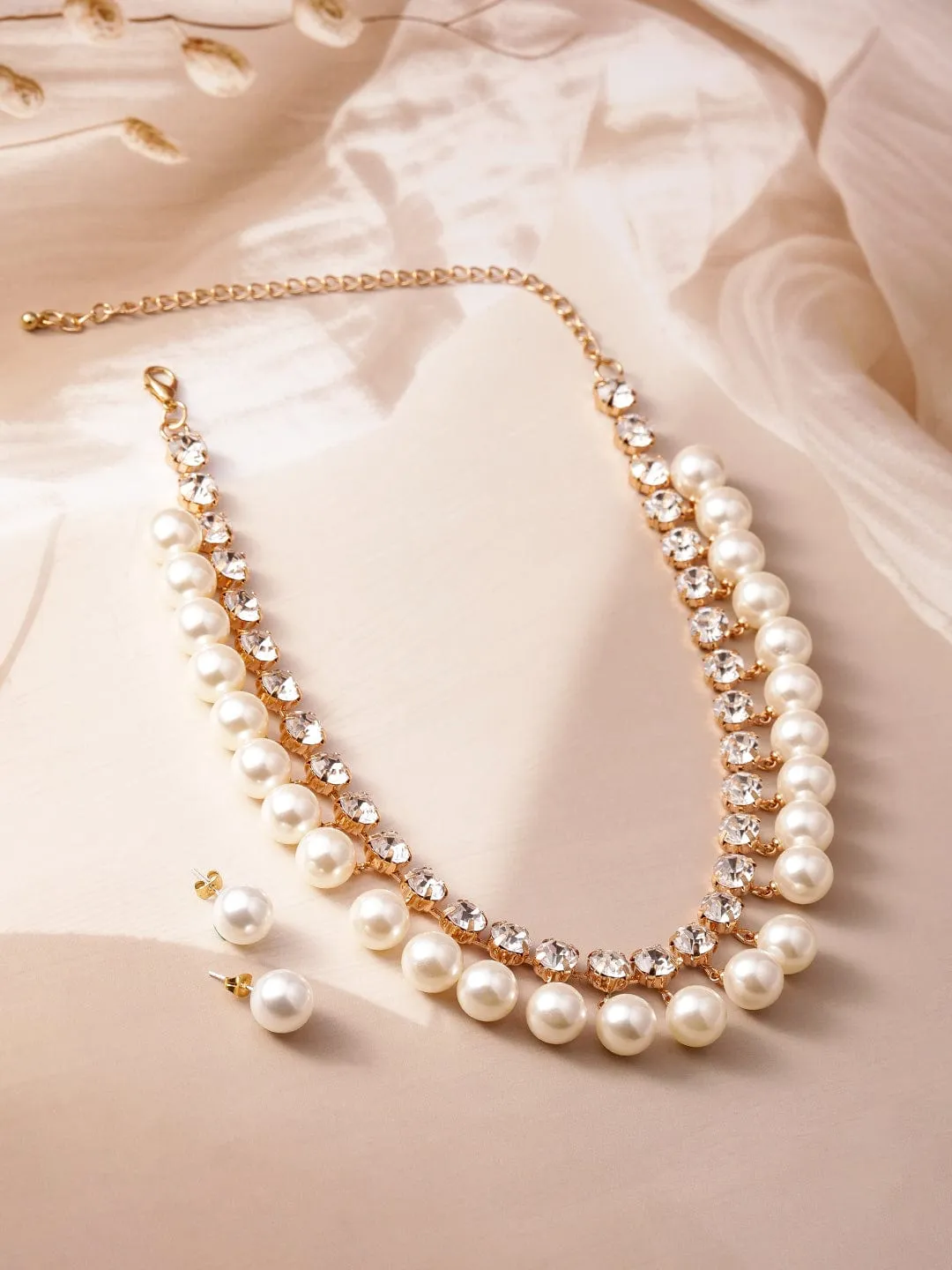 18K Gold Plated Luxurious Pearl & Zirconia Studded Statement Necklace Set