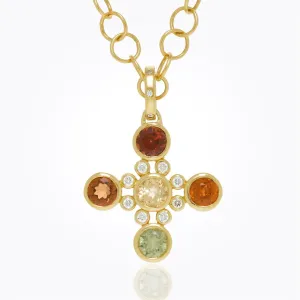 18K Hera Five-Stone Cross with mixed faceted garnet and diamond