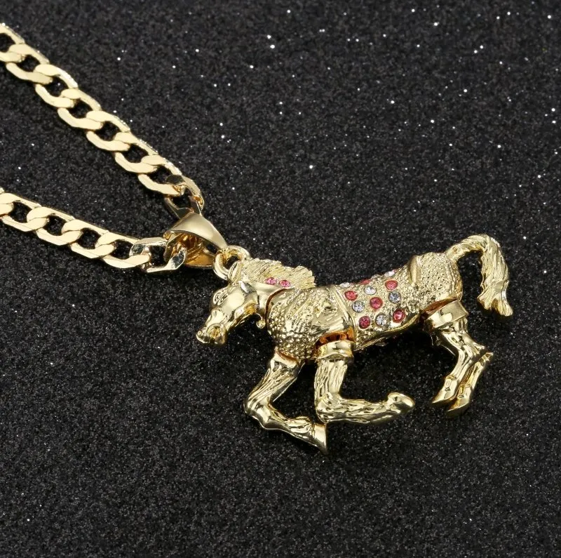 4mm Gold Horse Pendant Pink Stones 24 Inch 4mm Cuban Chain