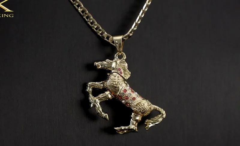 4mm Gold Horse Pendant Pink Stones 24 Inch 4mm Cuban Chain