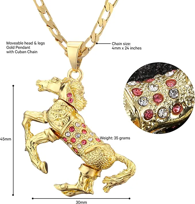 4mm Gold Horse Pendant Pink Stones 24 Inch 4mm Cuban Chain