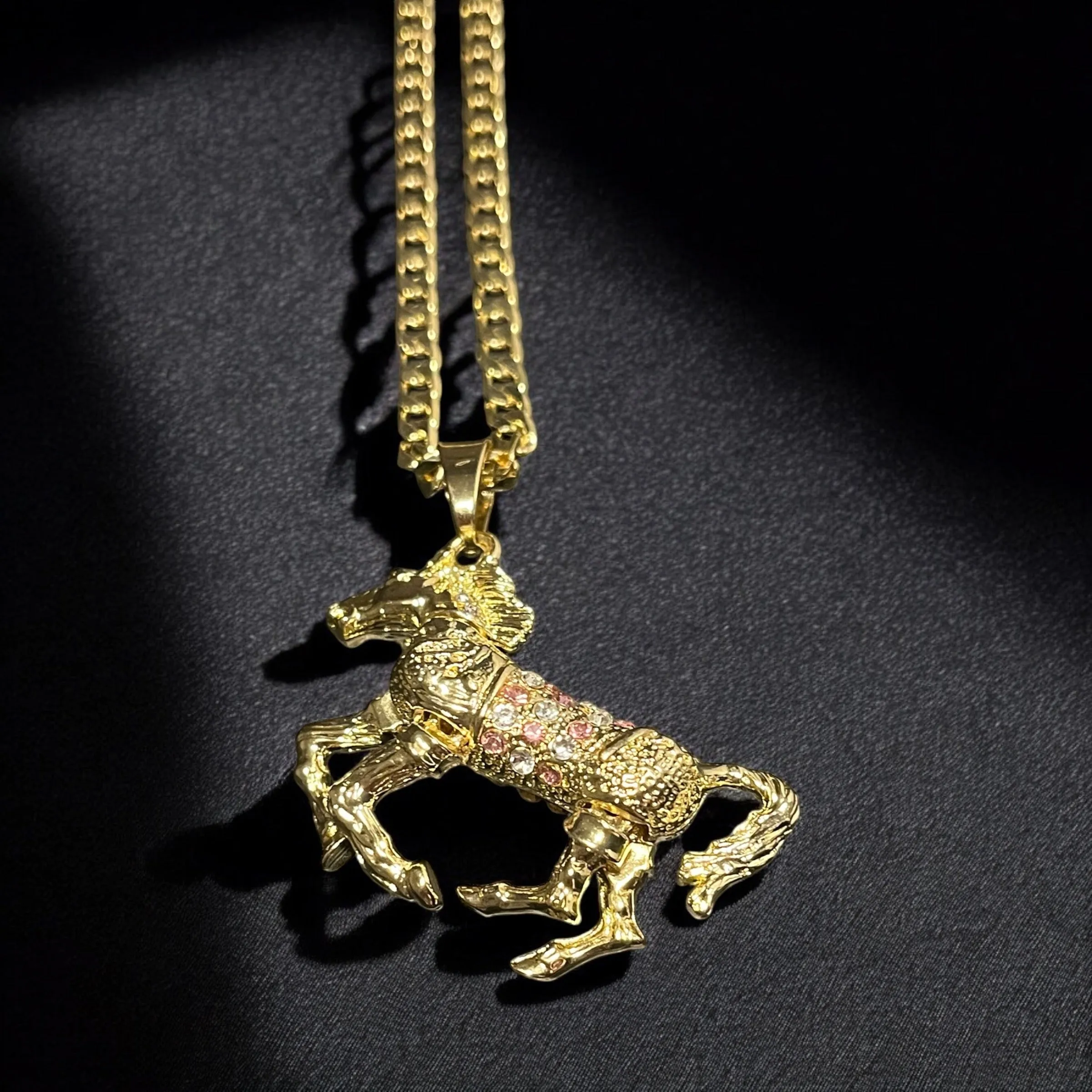 4mm Gold Horse Pendant Pink Stones 24 Inch 4mm Cuban Chain