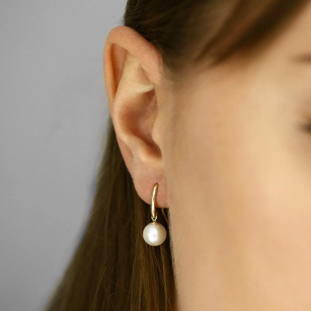 8-8.5mm White Cultured River Pearl Drop Earrings With Shepherds Crook Fittings | 9K Yellow Gold