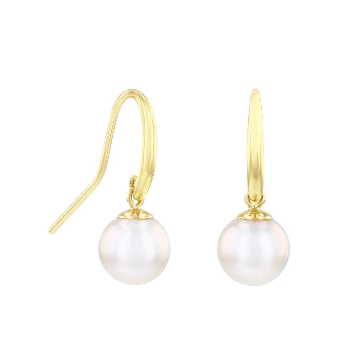 8-8.5mm White Cultured River Pearl Drop Earrings With Shepherds Crook Fittings | 9K Yellow Gold