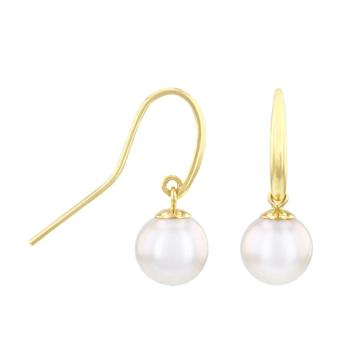 8-8.5mm White Cultured River Pearl Drop Earrings With Shepherds Crook Fittings | 9K Yellow Gold