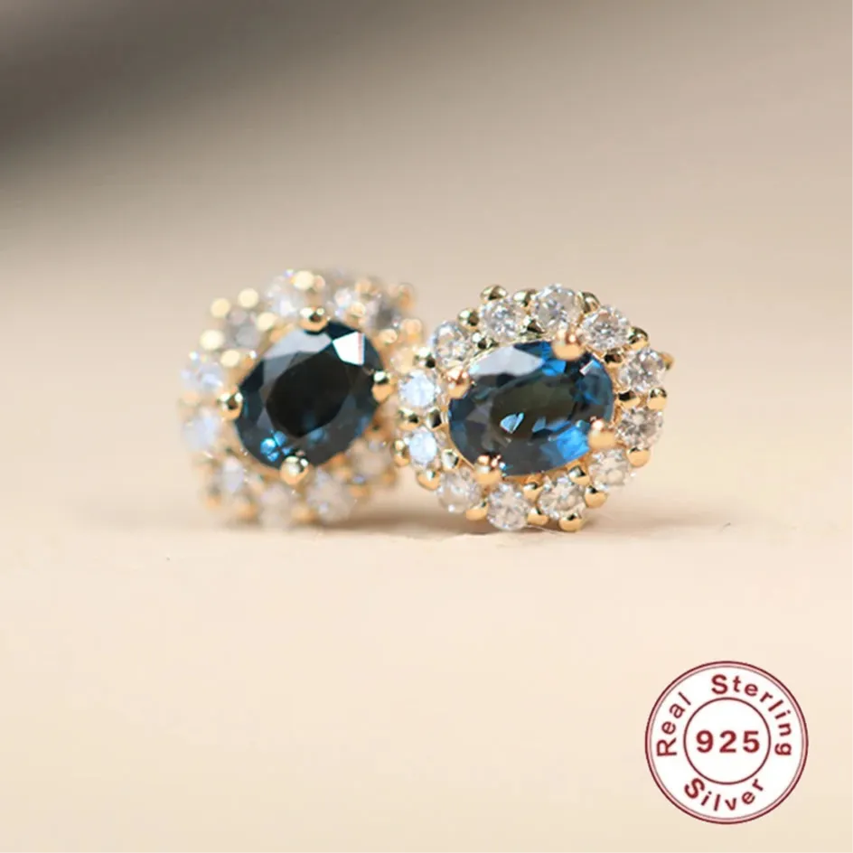 925 Sterling Silver Stud Earrings Charm Jewelry - Oval Blue Spinel Zirconia - Xm383