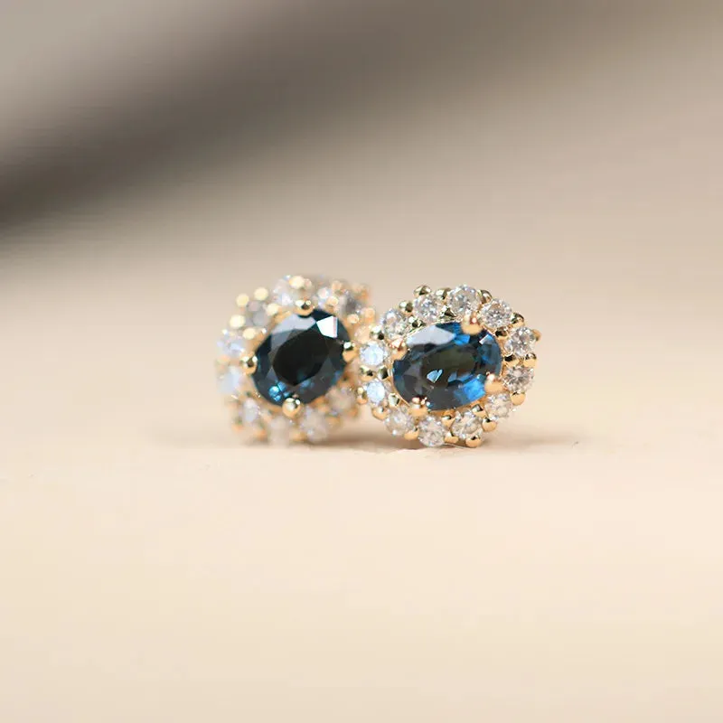 925 Sterling Silver Stud Earrings Charm Jewelry - Oval Blue Spinel Zirconia - Xm383