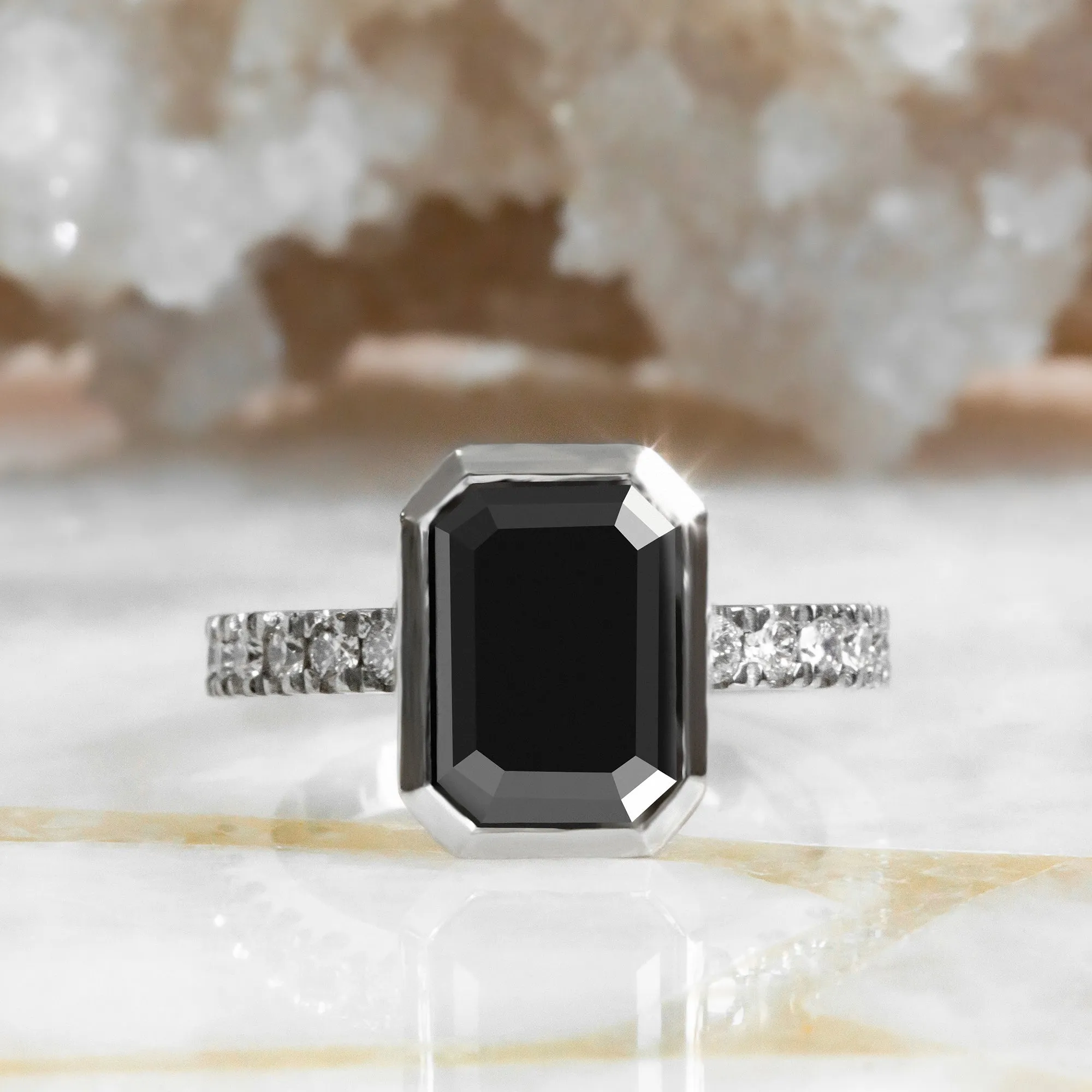 Aniridia Bezel Natural Black Diamond Emerald Engagement Ring