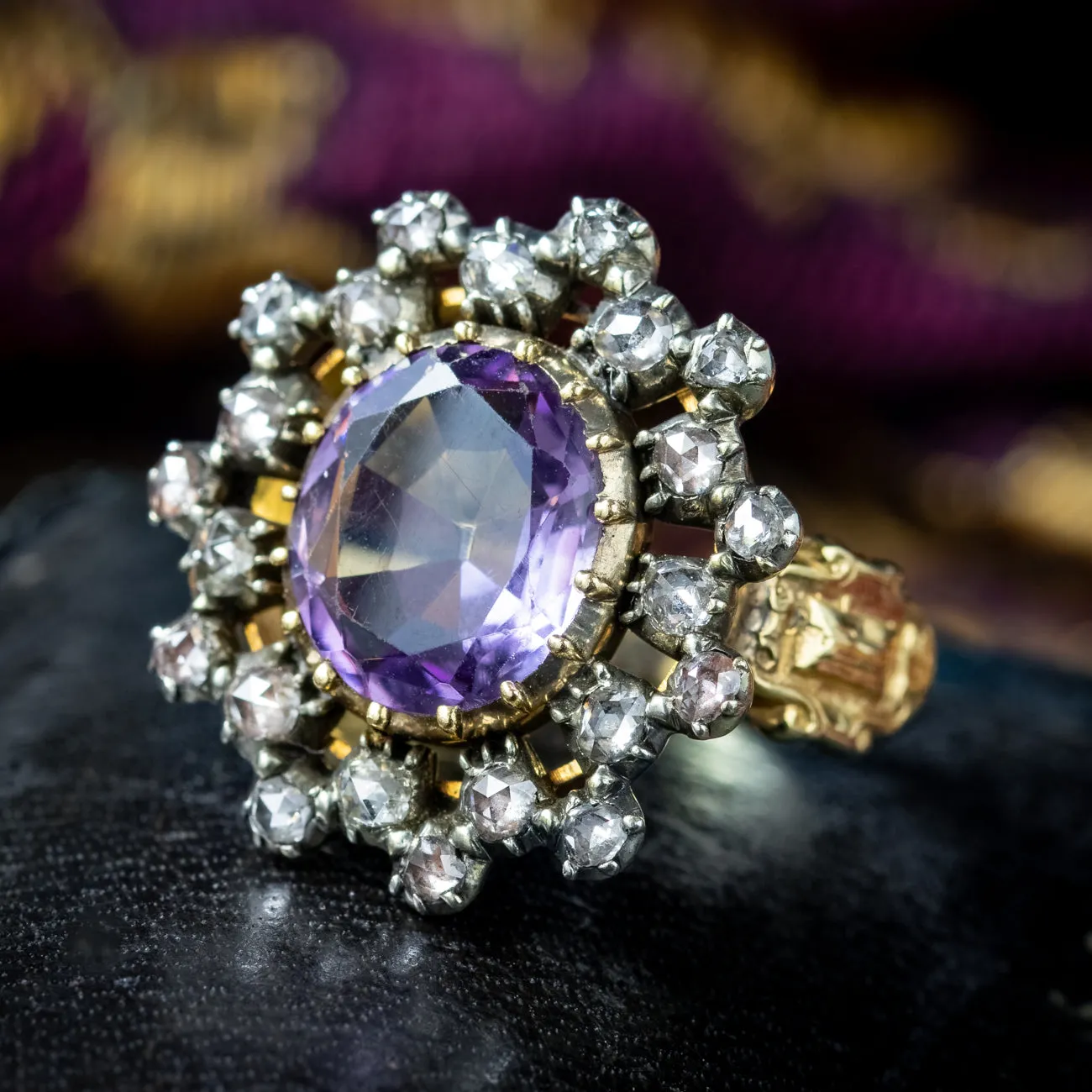 Antique Georgian Amethyst Diamond Cluster Ring 4.5ct Amethyst