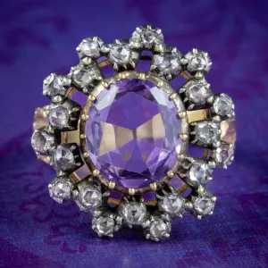 Antique Georgian Amethyst Diamond Cluster Ring 4.5ct Amethyst