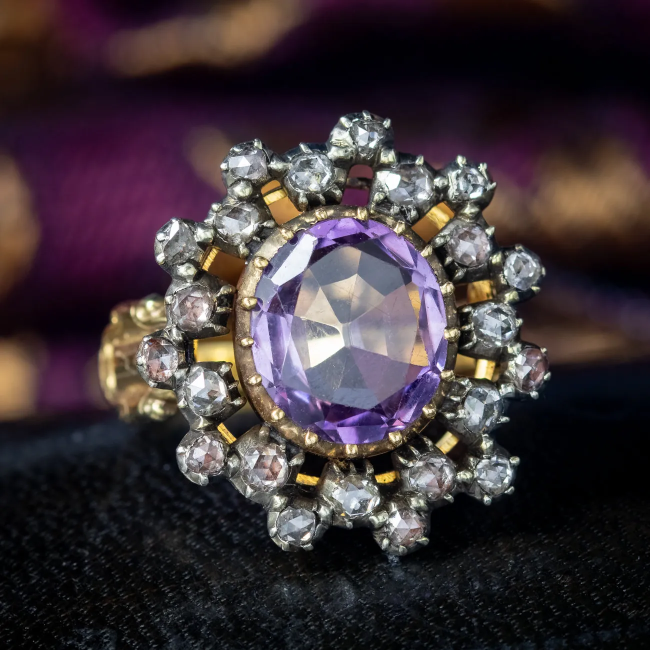 Antique Georgian Amethyst Diamond Cluster Ring 4.5ct Amethyst