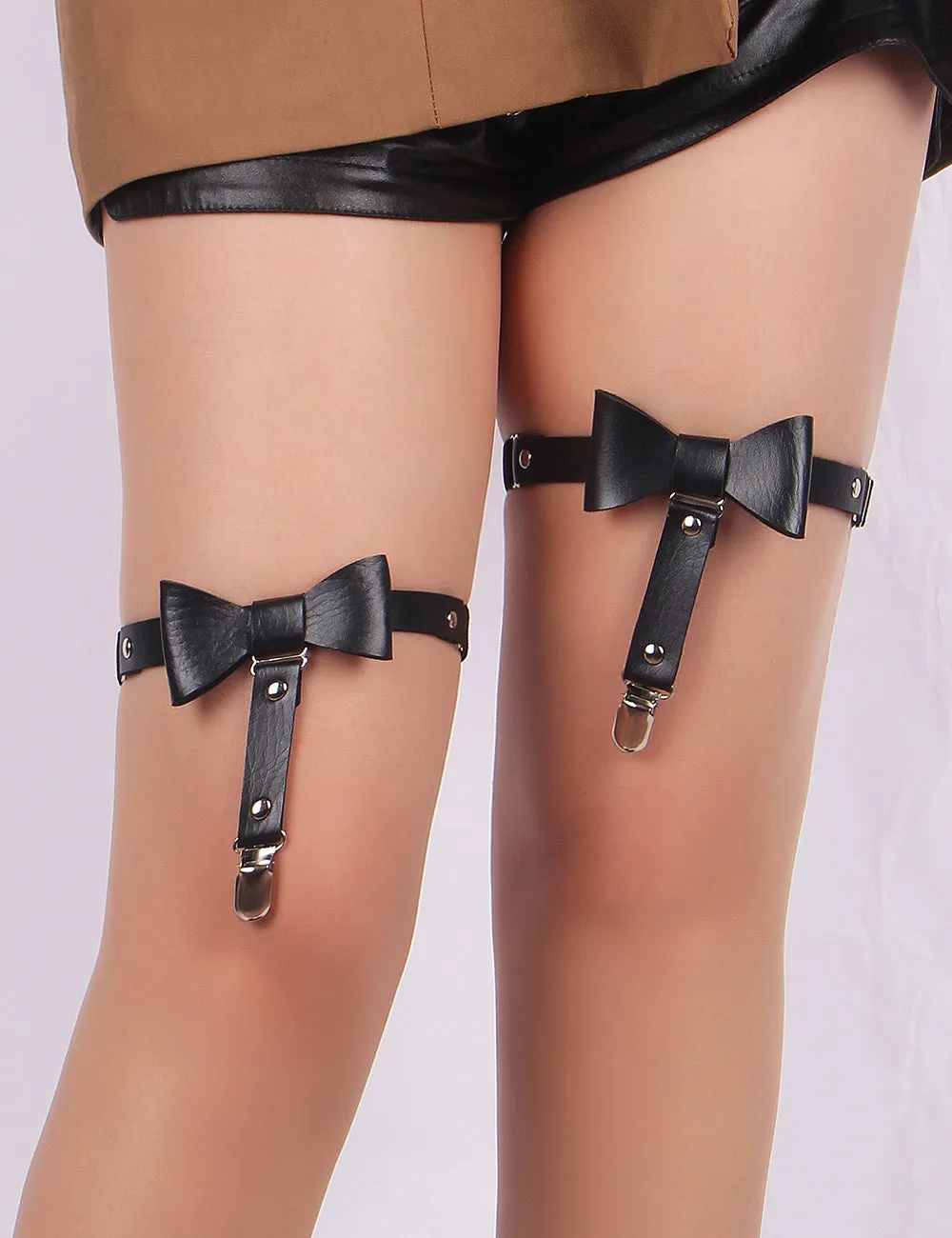 Black Bow Faux Leather Adjustable Studded Punk Leg Rings Garter Clips