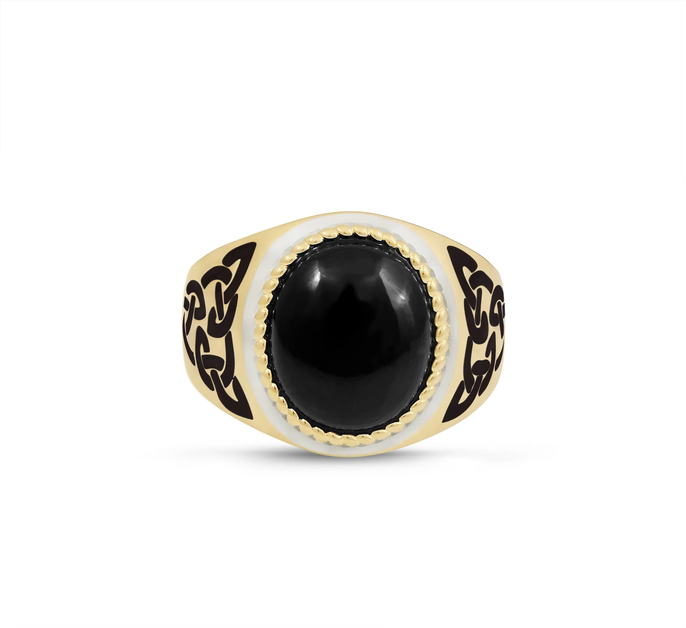 Black Onyx Stone Signet Ring in 14K Yellow Gold Plated Sterling Silver with Enamel