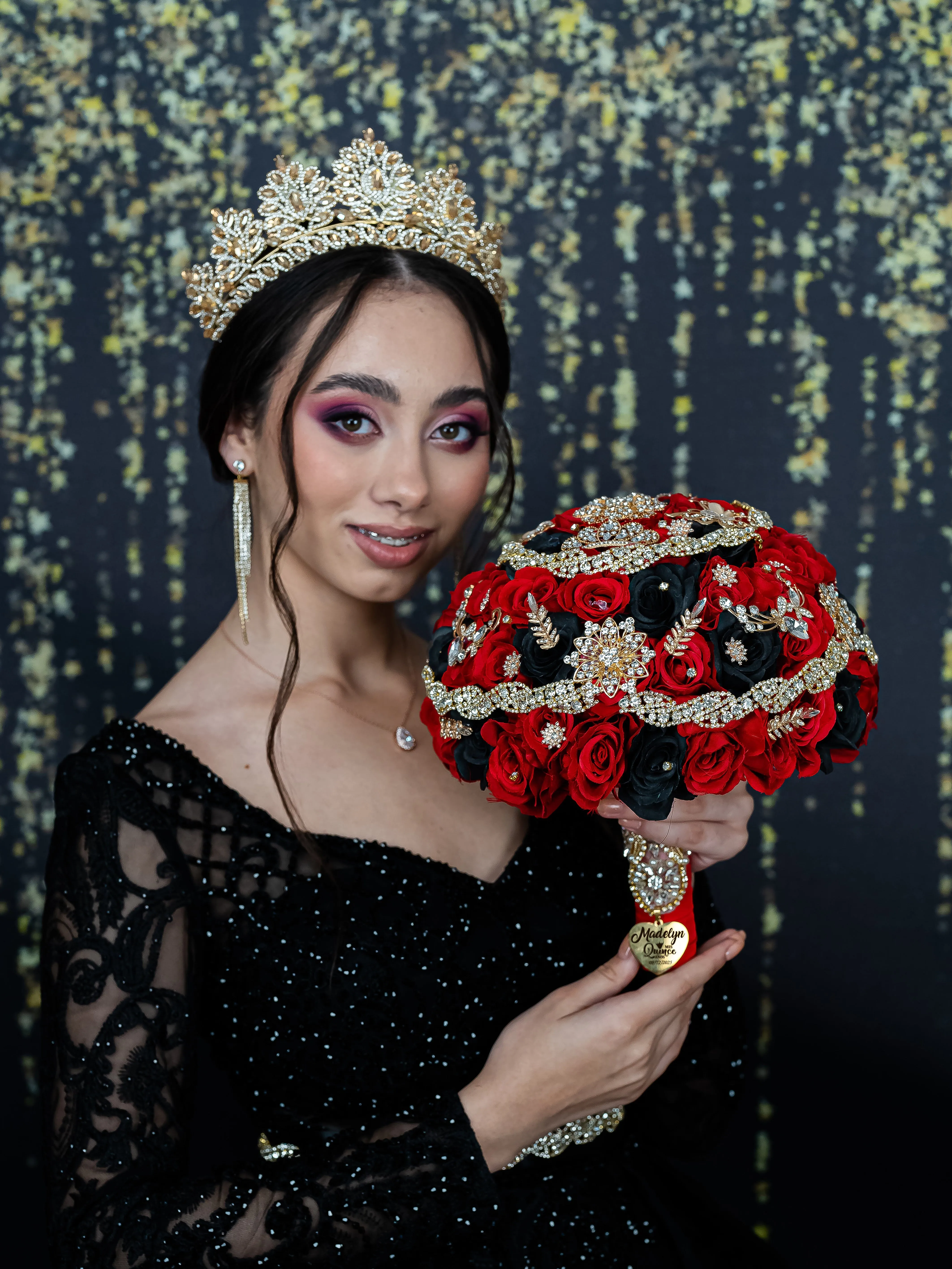 Black Red Gold quinceanera bouquet 13 inches