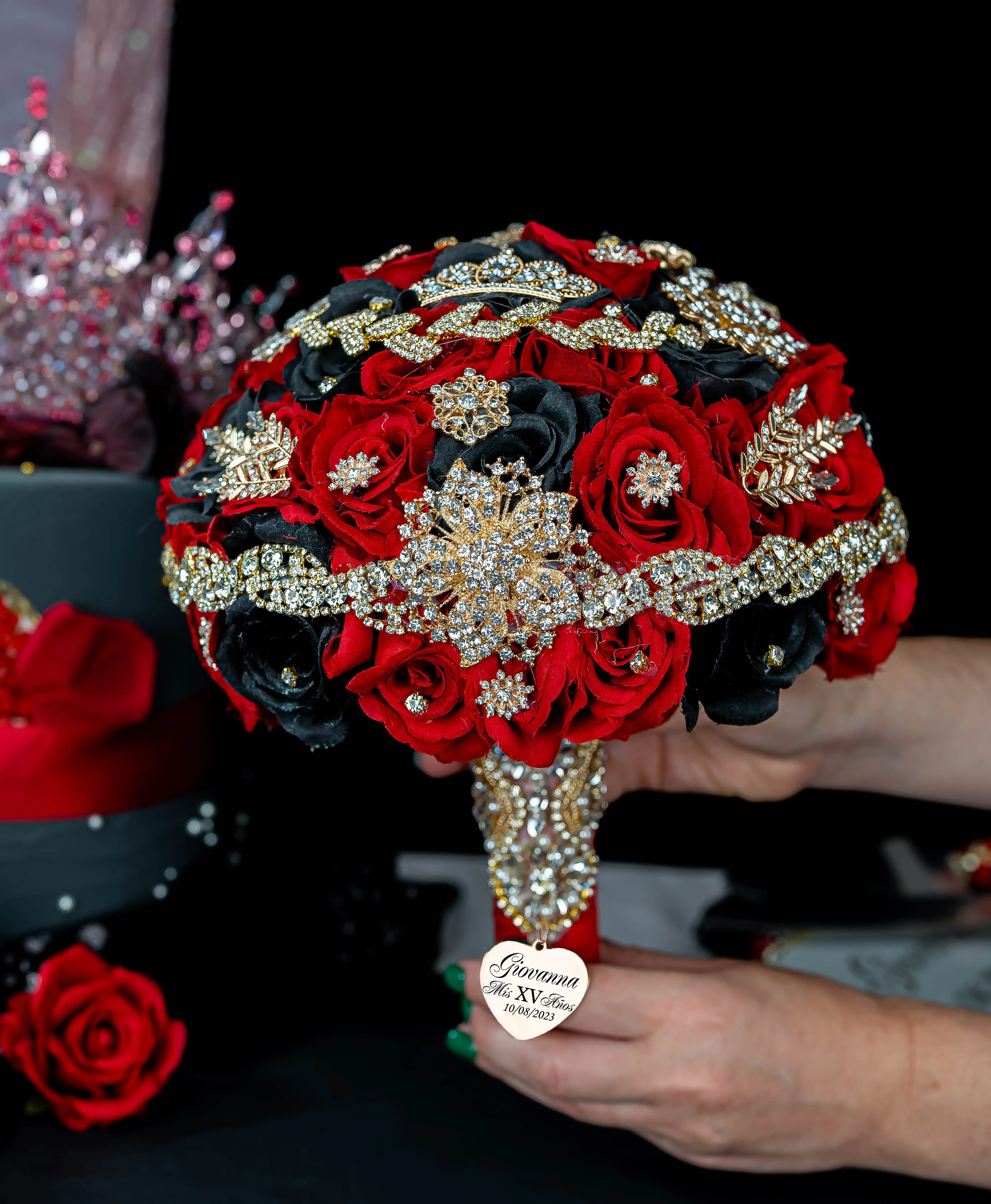 Black Red Gold quinceanera bouquet 13 inches