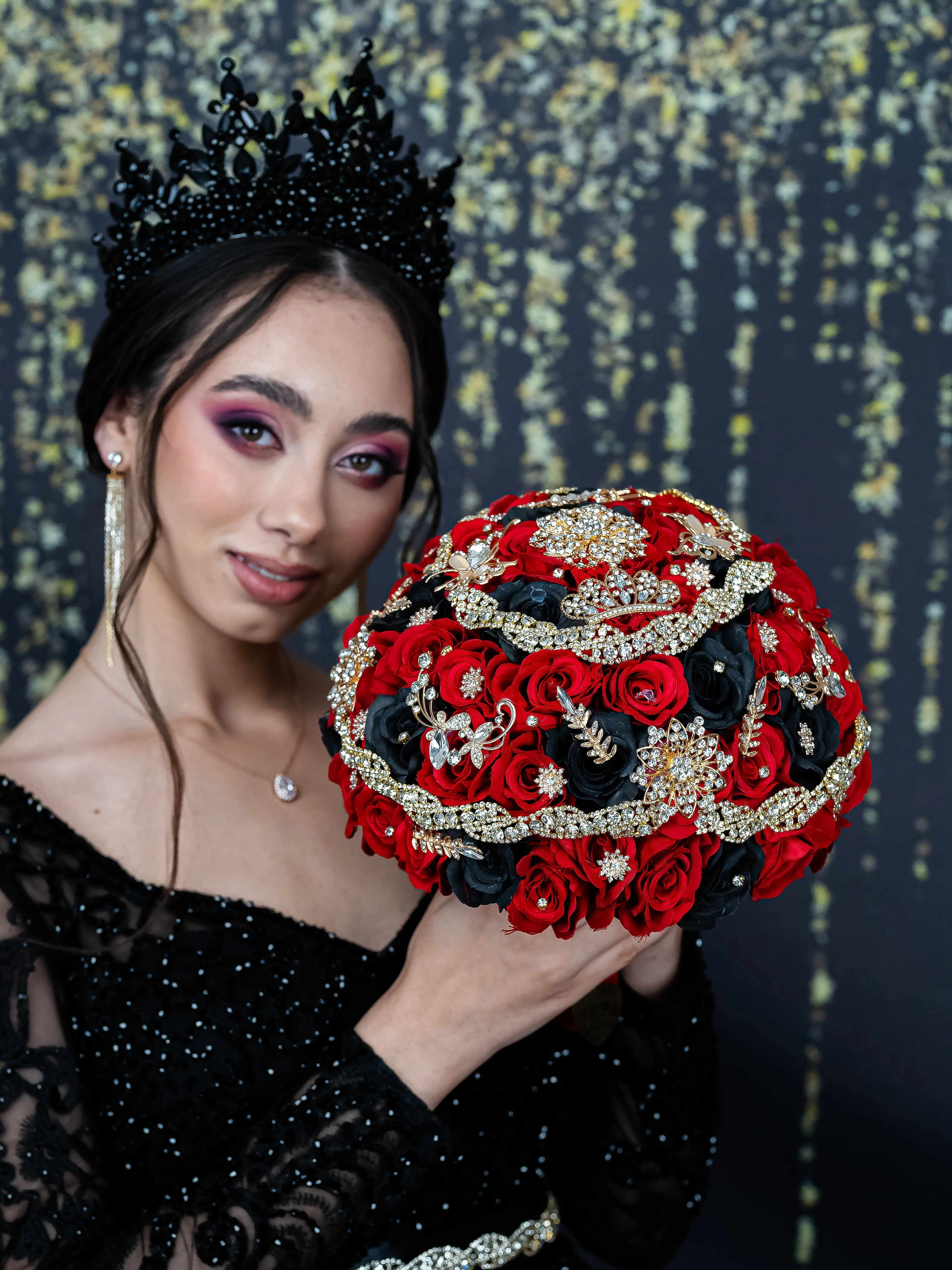 Black Red Gold quinceanera bouquet 13 inches