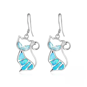 Blue Opal Marquise Shape Blue Zircon Cute Cat Pendant Sterling Silver Drop Earrings