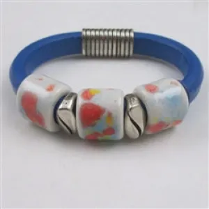 Bright Blue Leather Cord  Bracelet with Handmade White Accents