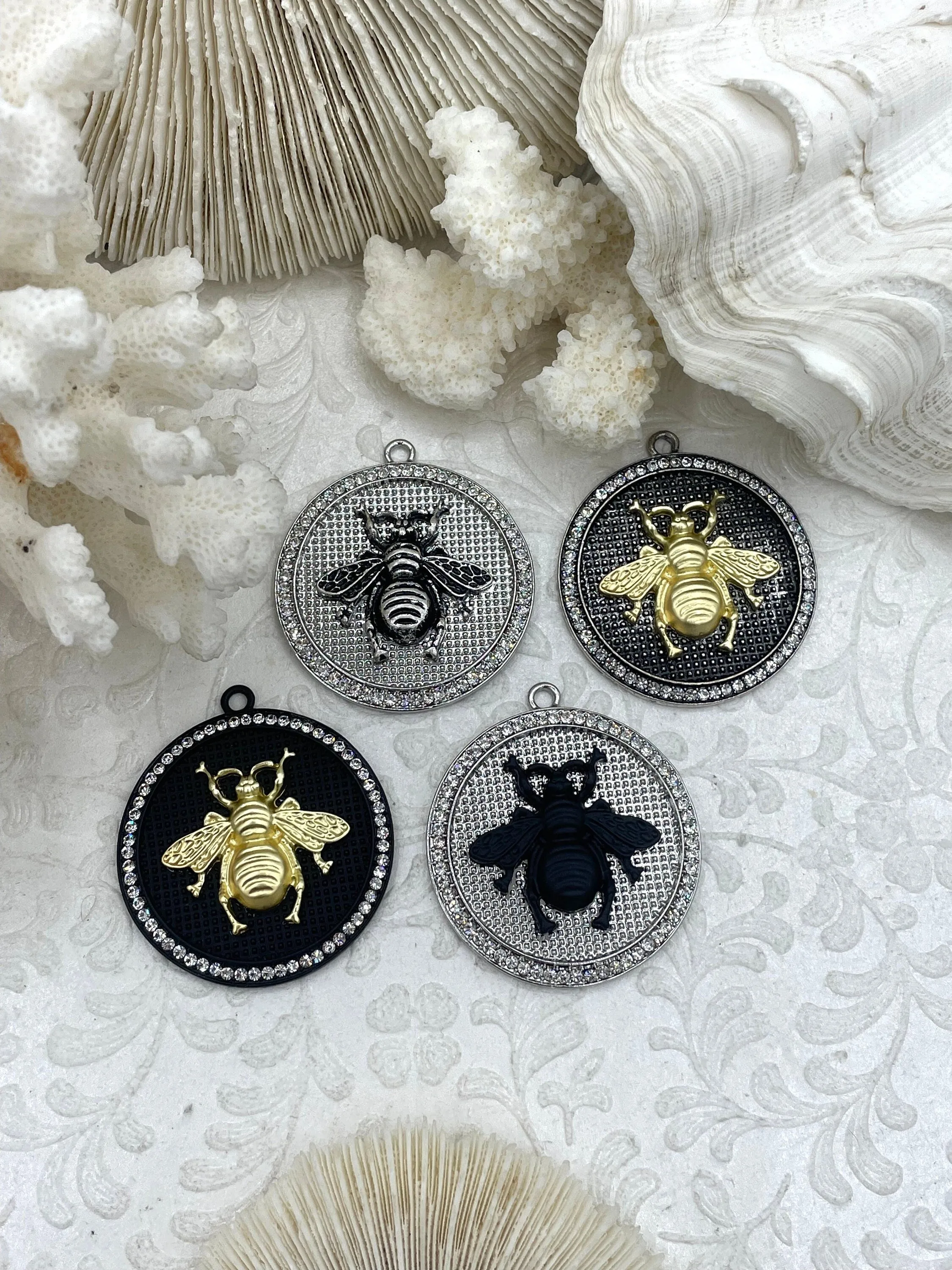 Bumble Bee Pendant with CZ, Round Bee Charm, Bumble Bee Charm, Mixed Metal Bumble Bee, 4 Styles, Zinc Alloy, Cubic Zirconia, Fast Ship