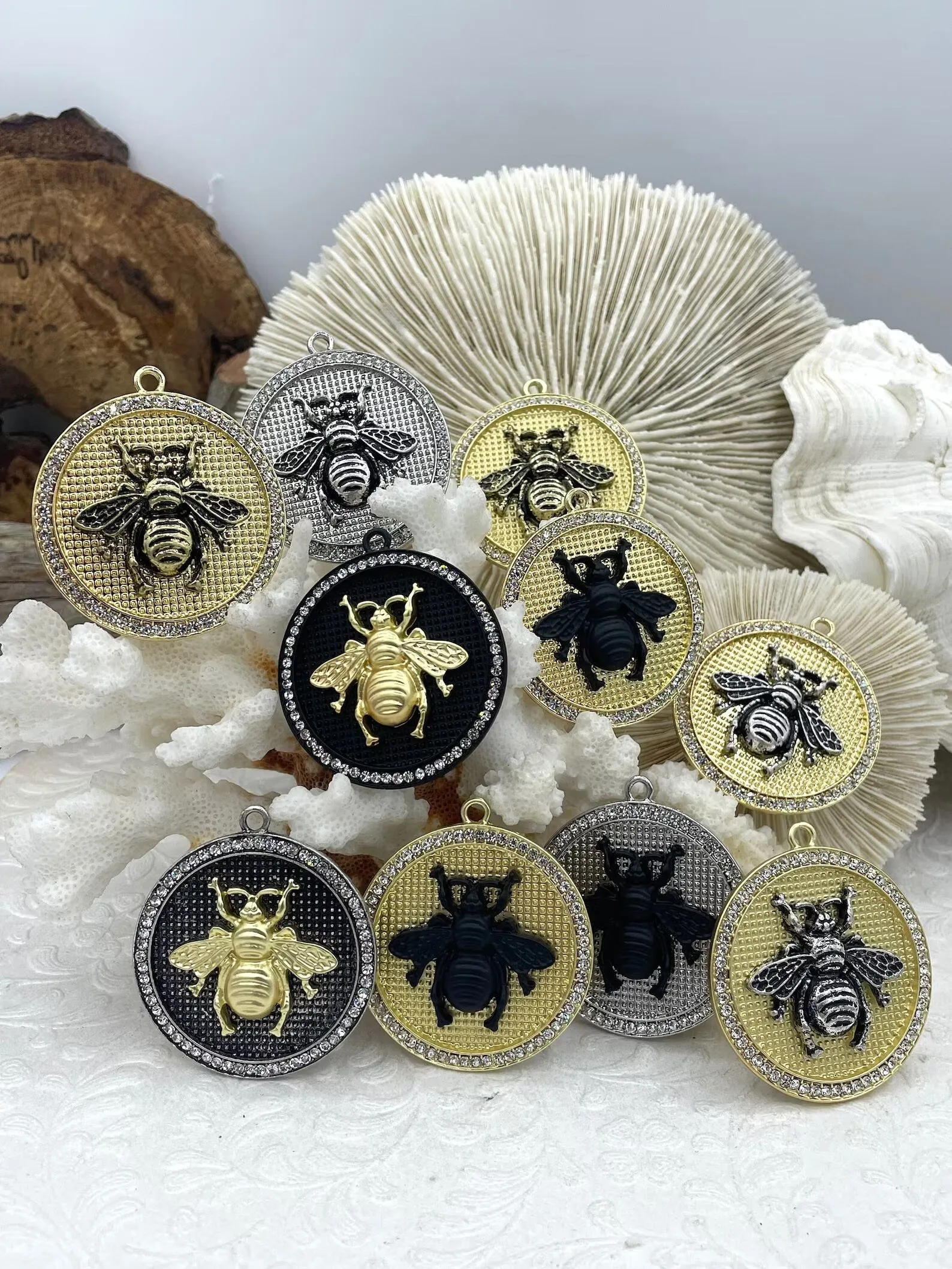 Bumble Bee Pendant with CZ, Round Bee Charm, Bumble Bee Charm, Mixed Metal Bumble Bee, 4 Styles, Zinc Alloy, Cubic Zirconia, Fast Ship