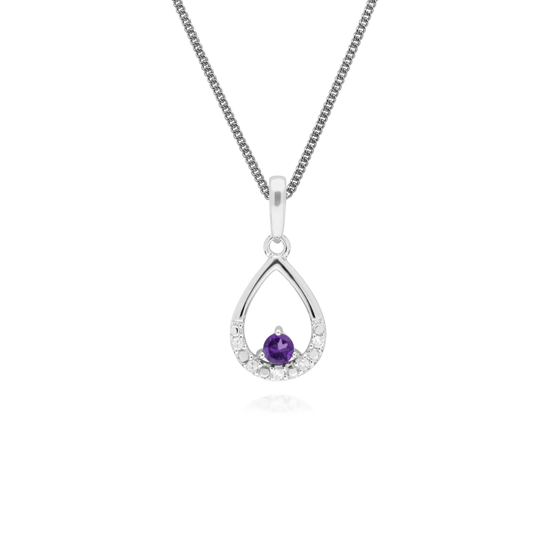 Damen 9 Karat Weiss Gold Einzeln Amethyst & Diamant Birne-Anhänger an 45cm Kette