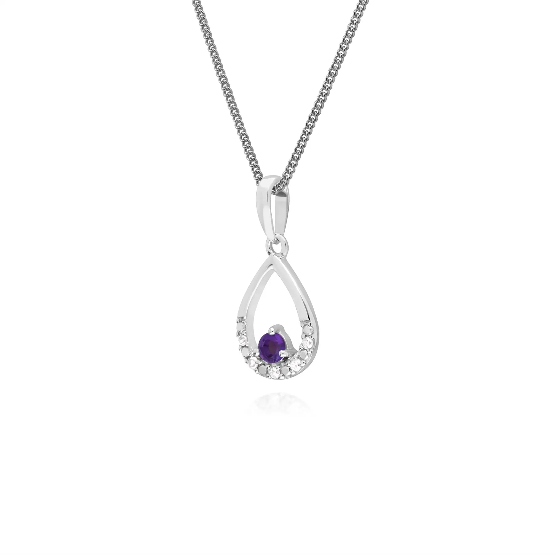 Damen 9 Karat Weiss Gold Einzeln Amethyst & Diamant Birne-Anhänger an 45cm Kette