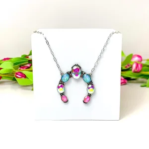 Desert Glow Silver Tone Naja Pendant Necklace in Pink and Turquoise