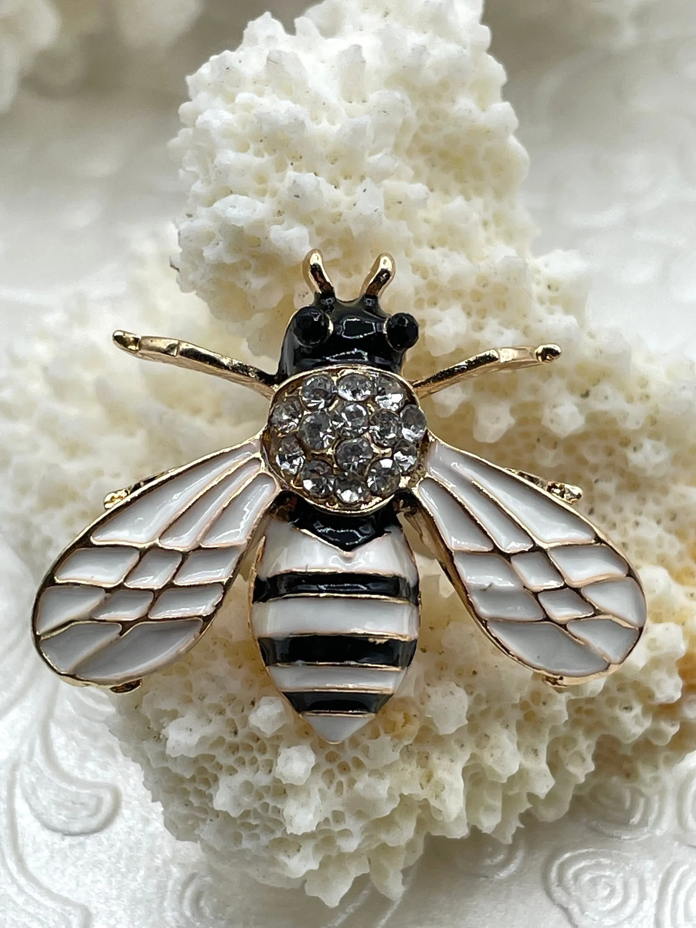 Enamel Rhinestone Pendant, Bee Charm/Pendant, Gold 32mm Pendants, Insect Pendants,Bug Pendants, Black/White Fast Ship