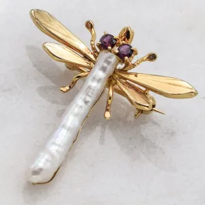 Estate 14K Yellow Gold Dragon Fly Brooch With Baroque Pearl And Garnet